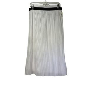 Attention White Pleated Midi Skirt Elastic Waist L Flowy Lightweight